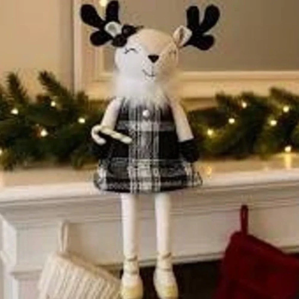 Cupcakes and Cashmere Reindeer Plush Holiday Decor‎ Black White Tweed Gold